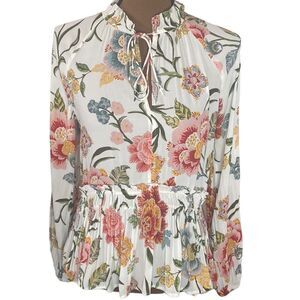 Loft floral high smocked neckline ruffled peplum blouse with front tie size S